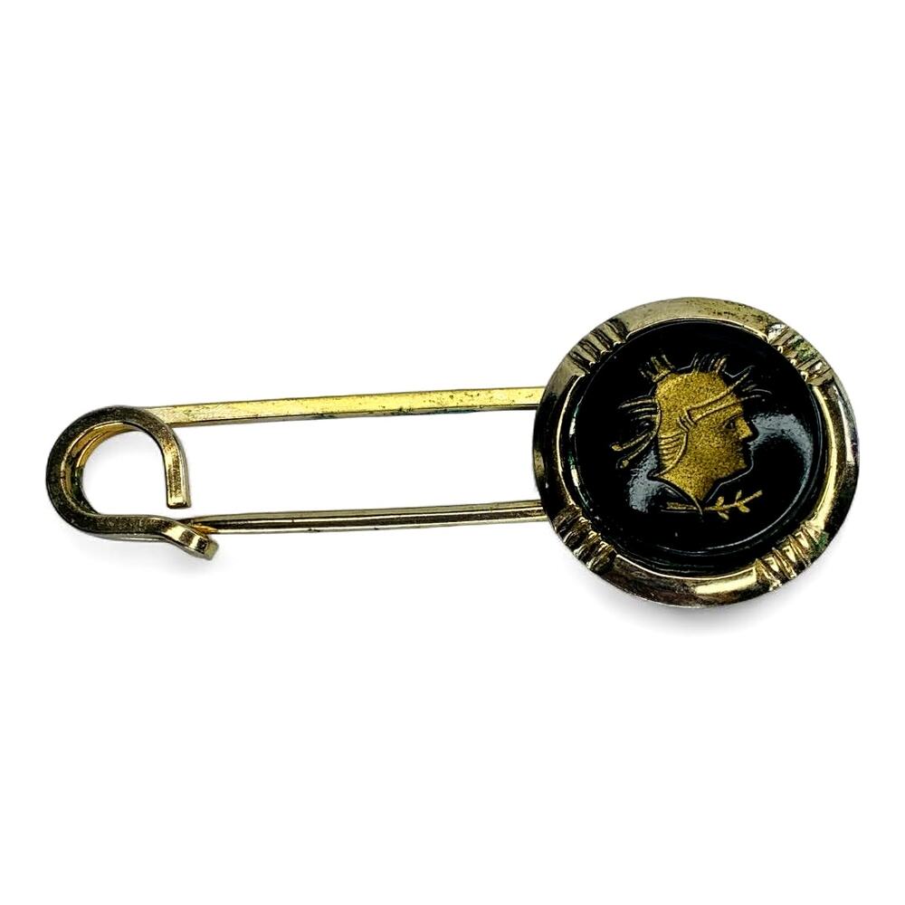 Vintage Reverse Intaglio Tie Pin Jet Glass Roman Soldier Gold Plated